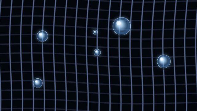 Floating light spheres moving across a curved dark grid plane sphere particle