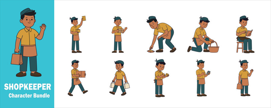 Shopkeeper character bundle featuring a male retail worker in various poses and actions including holding packages, stocking shelves, picking up items, and greeting customers vector illustra