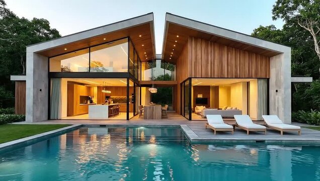 Modern luxury villa with swimming pool at dusk, contemporary wood and concrete house exterior, tranquil resort lifestyle video backdrop