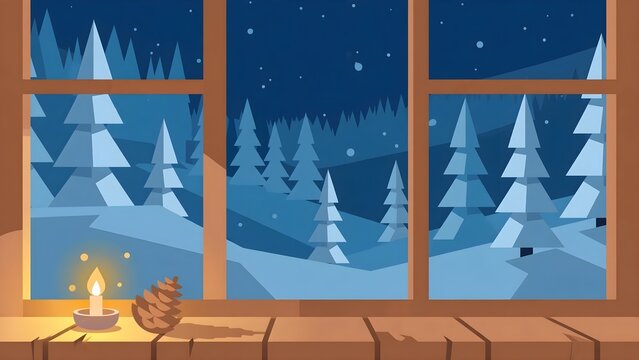 Cozy Wooden Window Frame View of Snowy Pine Forest at Night with Burning Candle and Pine Cone Christmas Background Illustration