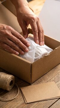 Close-up of hands wrapping an e-commerce order in tissue paper inside a shipping box