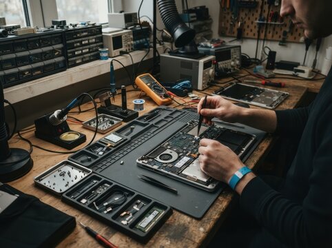 modular electronics repair workstation Technician repairing electronic devices on a cluttered workstation.
