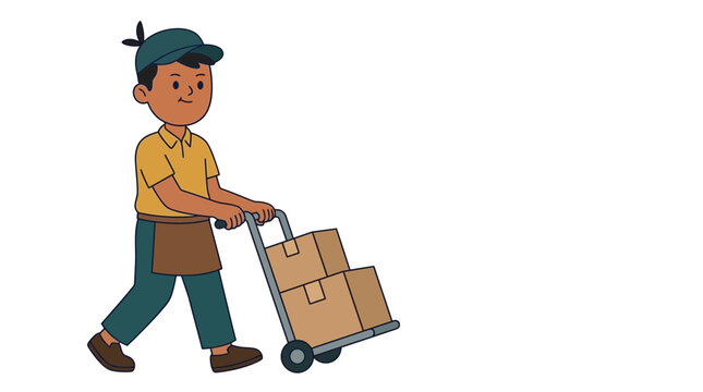 Shopkeeper pushing a handcart loaded with cardboard boxes while dressed in a yellow shirt, brown apron, and dark green cap in an illustrated vector design