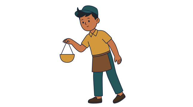 Shopkeeper reaching upward for a hanging object while wearing a yellow shirt, brown apron, and dark green cap in an illustrated vector design character concept