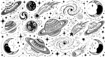 Mystical hand drawn space set featuring black ink planets stars comets and crescent moon elements © Aklima