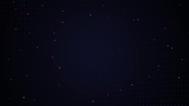 Futuristic digital background with glowing blue and pink cyber particle squares on subtle dot grid