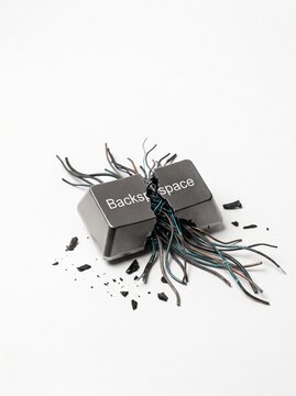 Broken computer keyboard backspace key cracked open with tangled internal wires on white background, no undo error