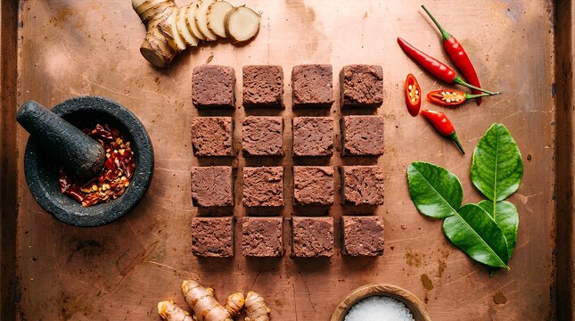 Fermented Shrimp Paste Cubes and Indonesian Spices Flat Lay Arrangement