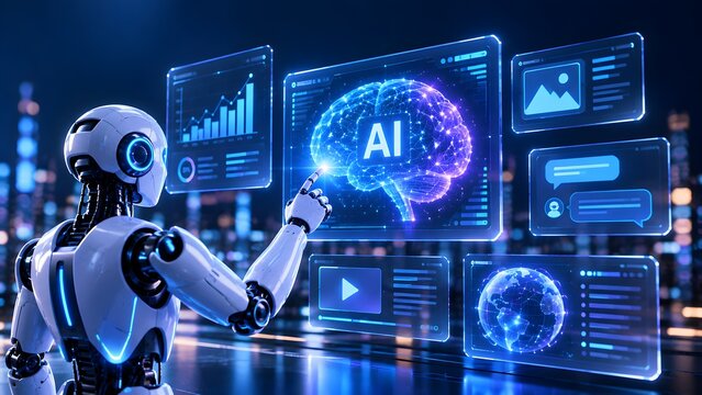 Humanoid Robot Analyzing Artificial Intelligence Digital Brain with Holographic Touchscreen Interface on Futuristic City Background