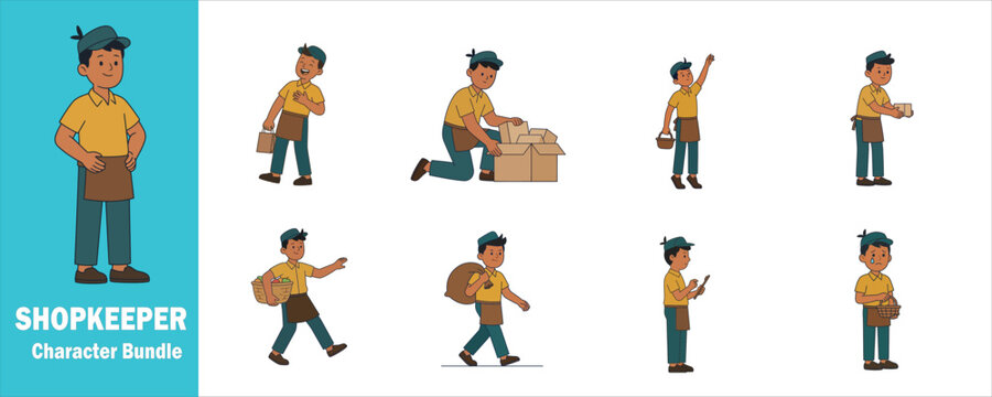 Shopkeeper Character bundle featuring a friendly vendor in various poses including unpacking boxes carrying baskets and waving