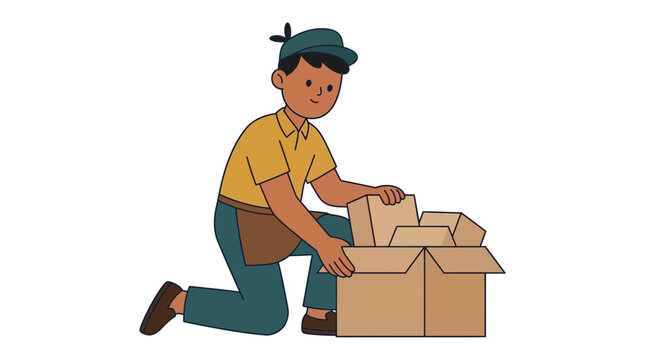 Shopkeeper packing a cardboard box on the floor while wearing a cap and brown apron isolated on a clean white background