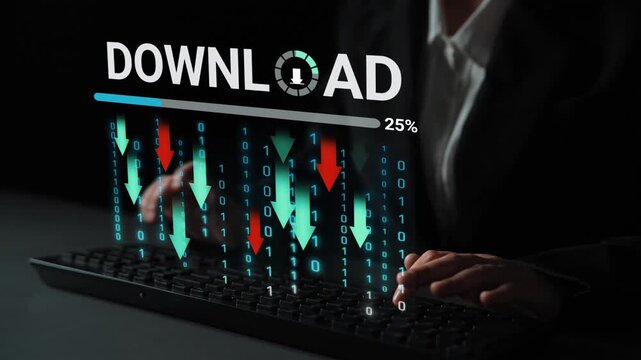 Digital concept of download progress bar with binary code background and hands on keyboard representing technology and data transfer in modern business. Entropy.