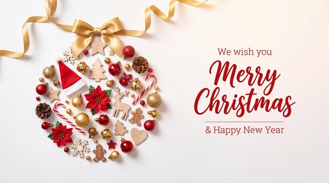 Christmas Ball Build Of Vairous Christmas Decoration And Ornaments. English Text Merry Christmas And A Happy New Year. Fir Branch With Riboon And Bow