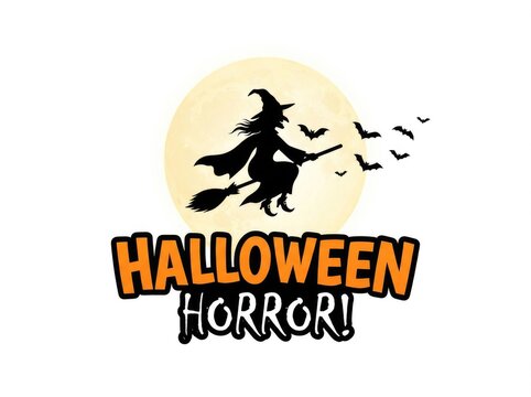 Witch flying on broomstick with bats under Halloween moon