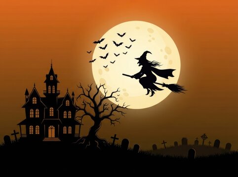 Witch flying on broomstick under a full moon with haunted house