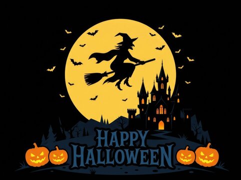 Happy Halloween witch flying under a full moon with jack o lanterns