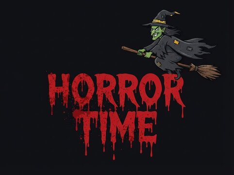 Witch flying on broomstick during horror time