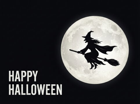 Happy Halloween witch flying on broomstick under full moon
