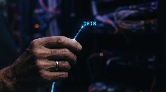Aging population healthcare innovation geriatric care technology concept shows older adult holding glowing data cable in dark server room