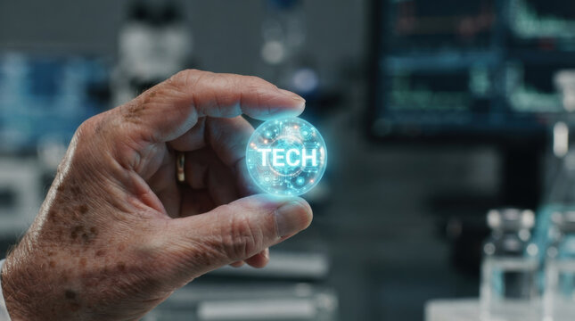Older hand holding glowing digital sphere beside medical monitor supports healthcare innovation and geriatric care amid aging population