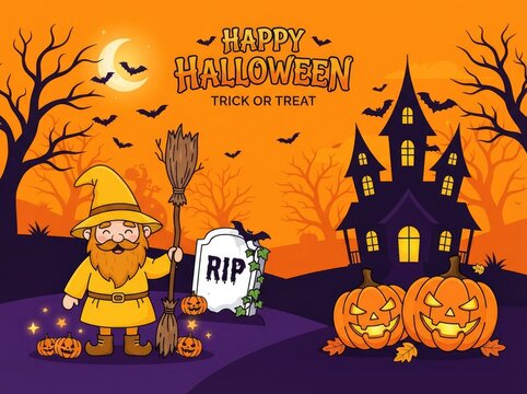 Happy Halloween cartoon gnome with witch broom and jack o lanterns