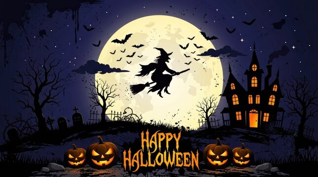 Happy Halloween witch flying under a full moon with jack o lanterns