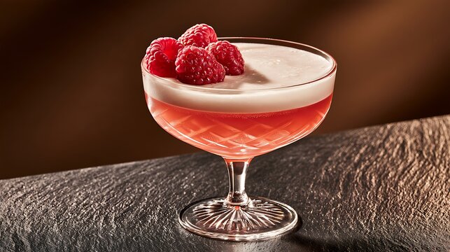 Elegant pink cocktail drink garnished with fresh raspberries in a coupe glass