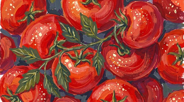 Vibrant painting of fresh red tomatoes on the vine, showcasing their juicy texture and bright color, with a few loose tomatoes scattered around.