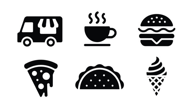 Fast food and street food vector icons set featuring food truck, coffee cup, burger, pizza slice, taco, and ice cream cone