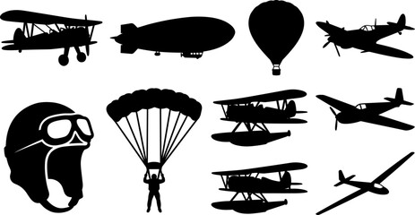 Collection of black vintage aviation silhouettes including biplanes, airship, parachute, and pilot helmet. © MdJahidul