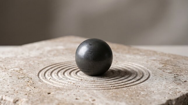 A smooth black sphere sitting on a textured stone surface related to ace2 zen meditation and mindfulness concepts