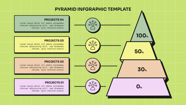 pyramid infographic template with four level percentage pyramid circle icon connector line card layout, neobrutalism flat style