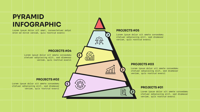 pyramid infographic template with five level slanted diagonal slice pyramid circle arrow button layout, neobrutalism flat style