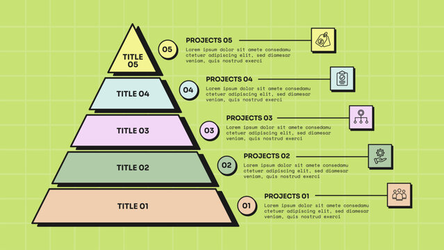 pyramid infographic template with five level stacked pyramid circle number square icon tile connector line layout, neobrutalism flat style