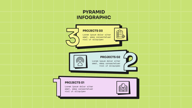 pyramid infographic template with three level stacked tilted card big number podium layout, neobrutalism flat style