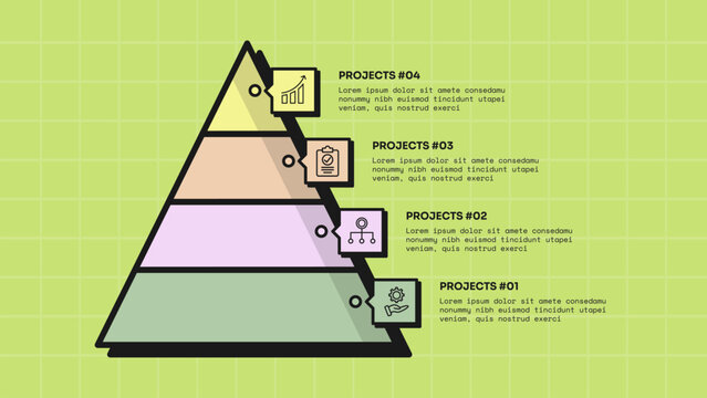 pyramid infographic template with four level shaded pyramid speech bubble icon tile layout, neobrutalism flat style