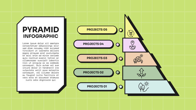 pyramid infographic template with five level right angle pyramid rounded pill label cut corner text panel layout, neobrutalism flat style