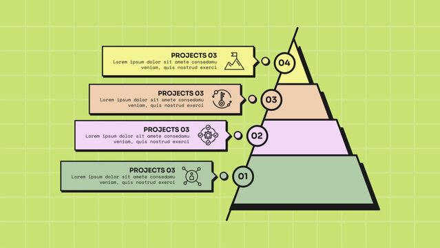 pyramid infographic template with four level pyramid circle number arrow tag card layout, neobrutalism flat style