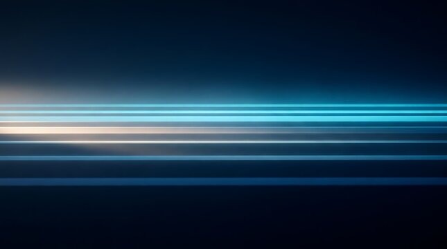 Dark abstract background with parallel glowing horizontal blue neon light lines for futuristic technology and data network design