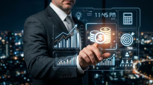 Businessman analyzing financial data on futuristic holographic interface with charts and graphs