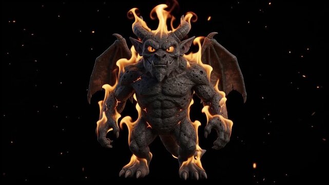 Fiery stone gargoyle demon with glowing eyes and wings