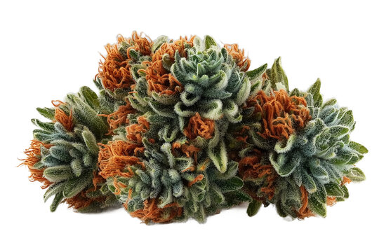 Close-Up Macro of Fresh Cannabis Bud Nug with Orange Pistils and Trichomes Isolated on White Background