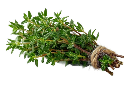 Bunch of fresh green thyme sprigs tied with natural twine string isolated on white background