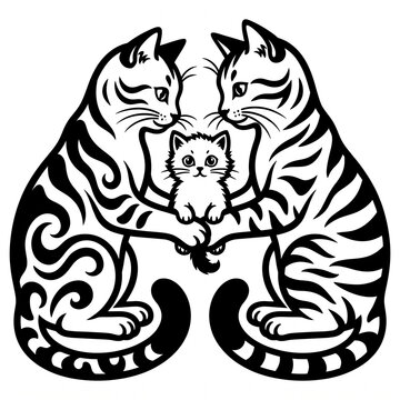 Cat Family Embrace Illustration With Kitten Between Two Protective Parent Cats, Black And White Tribal Design