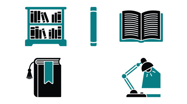 Educational vector graphic icons featuring bookshelves, open books, and study reading lamps in teal