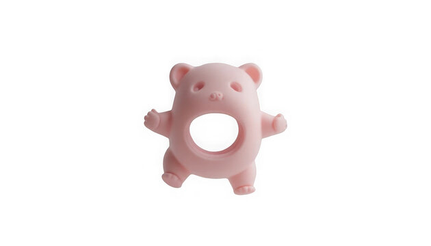 Pink silicone baby teether toy shaped like a cute little bear on transparent background
