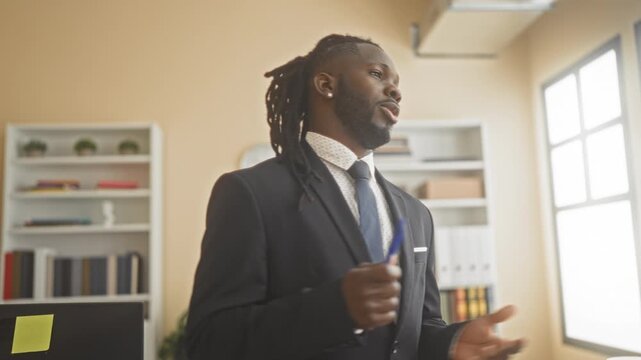 Man in suit with dreadlocks holding a pen and gesturing with hands while speaking at a desk near bookshelf and window in office; confidence leadership.