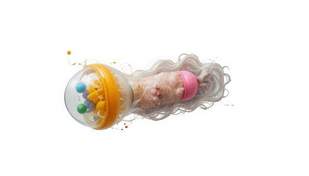 Surreal abstract art sculpture featuring doll parts and long hair isolated on transparent background