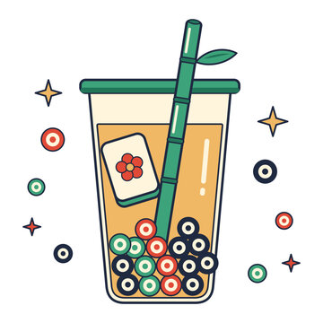 Bubble tea cup with mahjong dot pearls and tile ice cube vector
