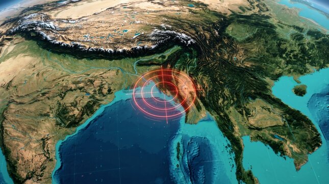 Earthquake epicenter visualization over the Bay of Bengal region.